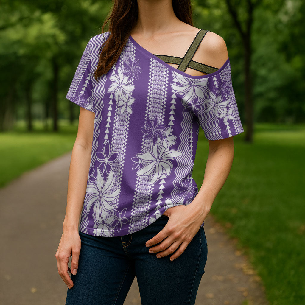 Hawaii Kakau Tribal Cross Shoulder Shirt With Purple Tiare LT05 - Polynesian Pride