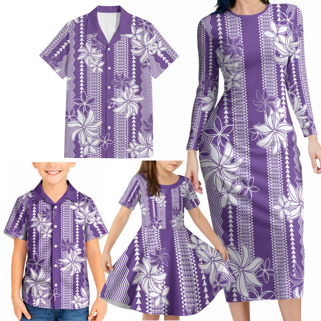 Hawaii Kakau Tribal Family Matching Long Sleeve Bodycon Dress and Hawaiian Shirt With Purple Tiare LT05 - Polynesian Pride