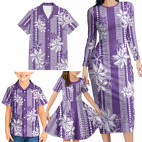 Hawaii Kakau Tribal Family Matching Long Sleeve Bodycon Dress and Hawaiian Shirt With Purple Tiare LT05 - Polynesian Pride