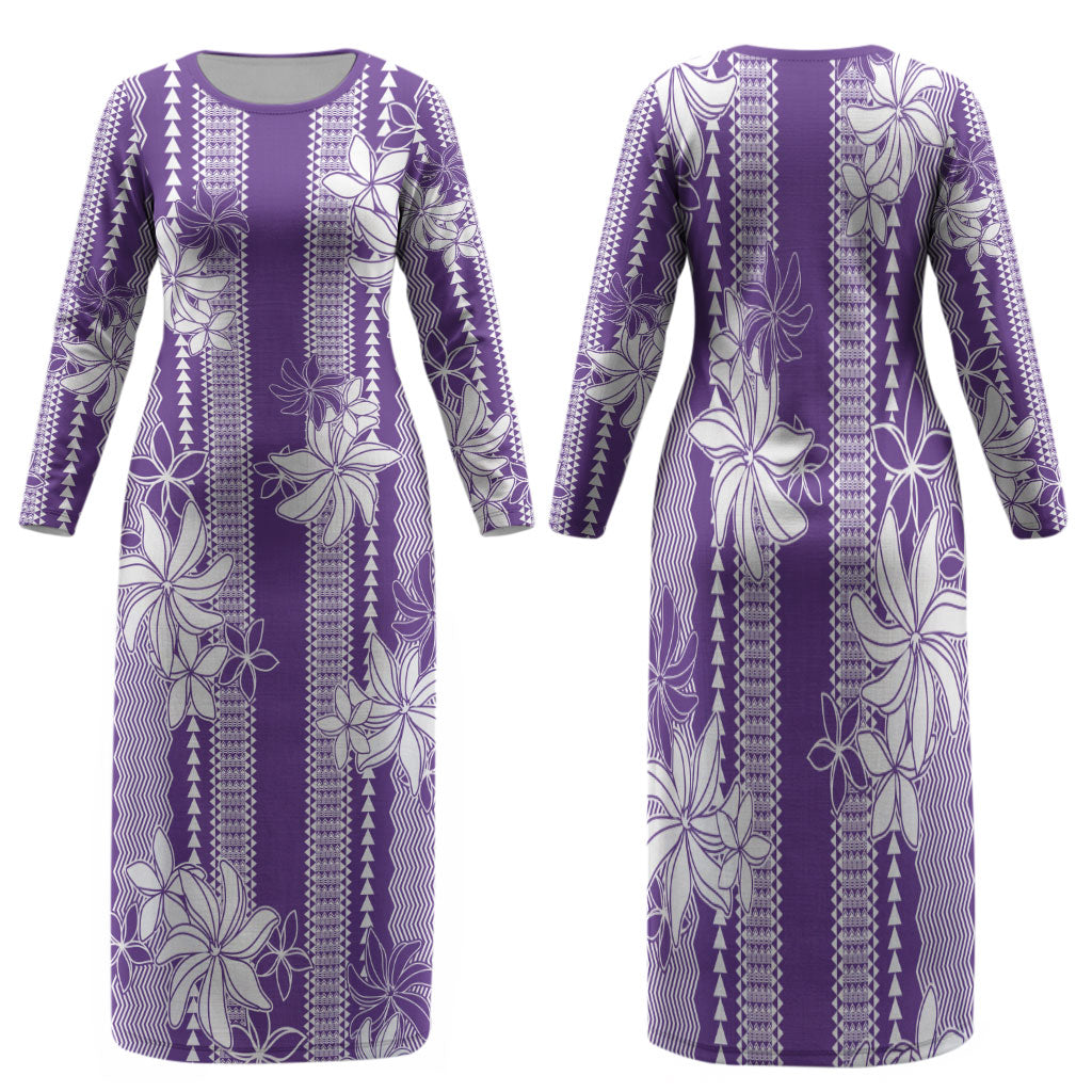 Hawaii Kakau Tribal Family Matching Long Sleeve Bodycon Dress and Hawaiian Shirt With Purple Tiare LT05 Mom's Dress Purple - Polynesian Pride