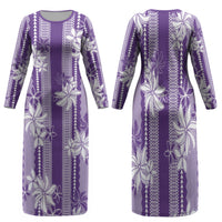 Hawaii Kakau Tribal Family Matching Long Sleeve Bodycon Dress and Hawaiian Shirt With Purple Tiare LT05 Mom's Dress Purple - Polynesian Pride
