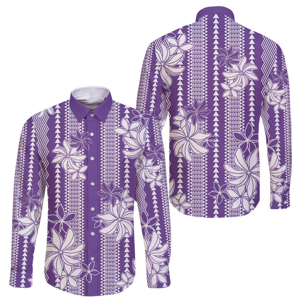 Hawaii Kakau Tribal Family Matching Long Sleeve Bodycon Dress and Hawaiian Shirt With Purple Tiare LT05 Dad's Shirt - Long Sleeve Purple - Polynesian Pride