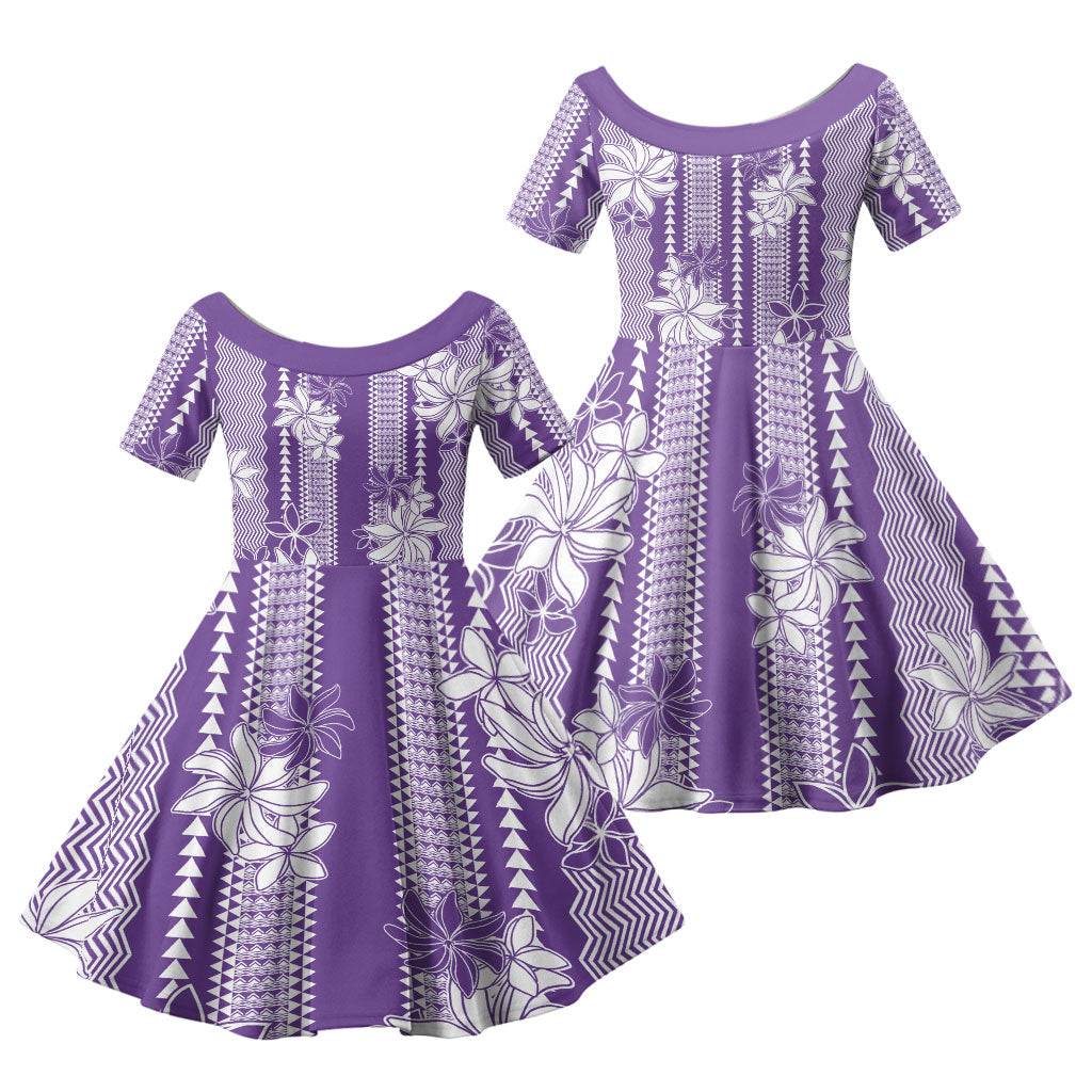 Hawaii Kakau Tribal Family Matching Long Sleeve Bodycon Dress and Hawaiian Shirt With Purple Tiare LT05 Daughter's Dress Purple - Polynesian Pride