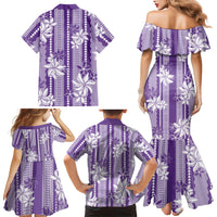 Hawaii Kakau Tribal Family Matching Mermaid Dress and Hawaiian Shirt With Purple Tiare