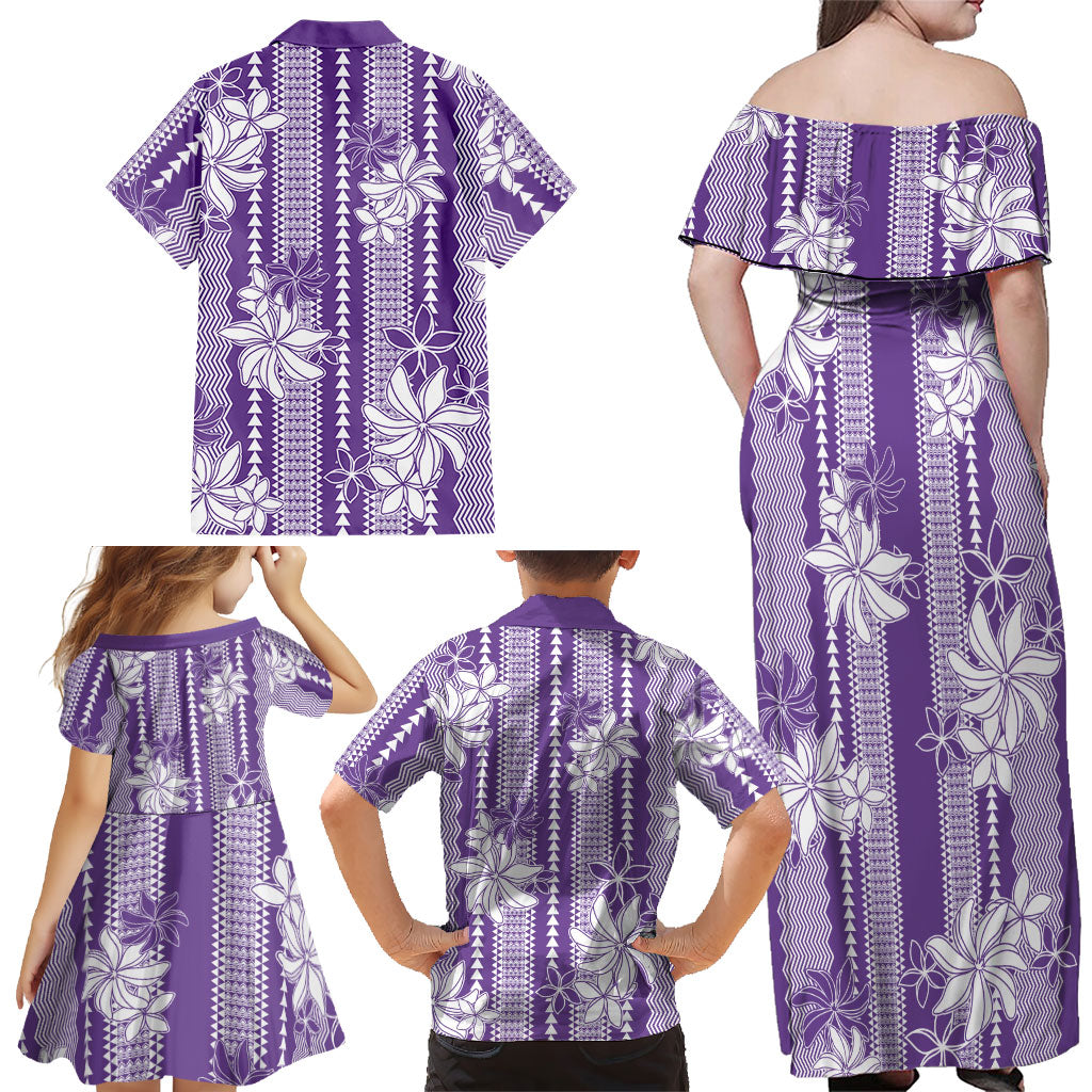 Hawaii Kakau Tribal Family Matching Off Shoulder Maxi Dress and Hawaiian Shirt With Purple Tiare