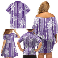 Hawaii Kakau Tribal Family Matching Off Shoulder Short Dress and Hawaiian Shirt With Purple Tiare