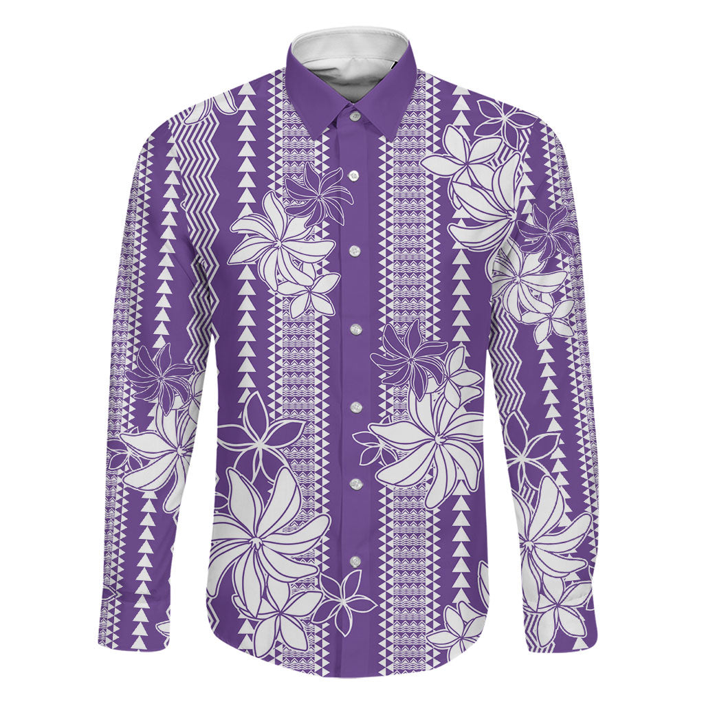 Hawaii Kakau Tribal Family Matching Off Shoulder Short Dress and Hawaiian Shirt With Purple Tiare