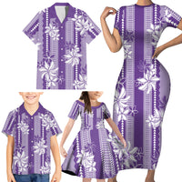 Hawaii Kakau Tribal Family Matching Short Sleeve Bodycon Dress and Hawaiian Shirt With Purple Tiare