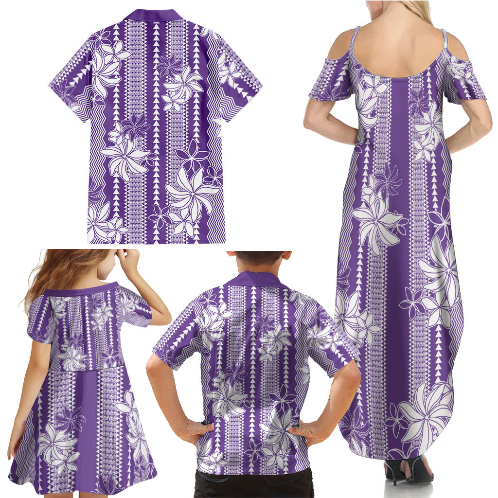 Hawaii Kakau Tribal Family Matching Summer Maxi Dress and Hawaiian Shirt With Purple Tiare
