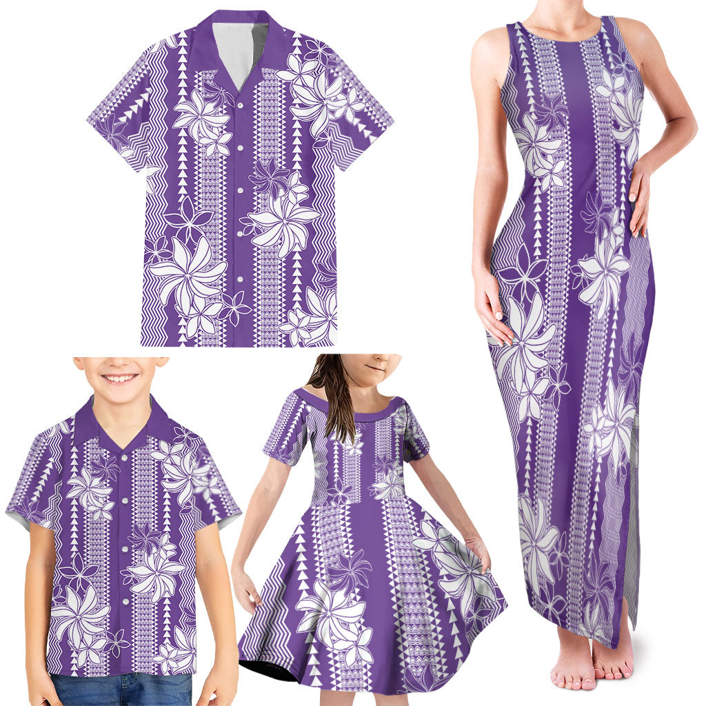Hawaii Kakau Tribal Family Matching Tank Maxi Dress and Hawaiian Shirt With Purple Tiare