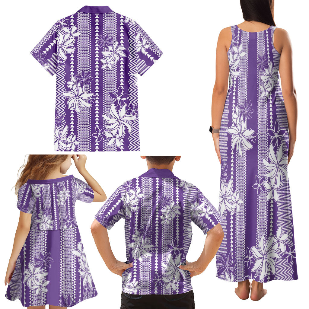 Hawaii Kakau Tribal Family Matching Tank Maxi Dress and Hawaiian Shirt With Purple Tiare