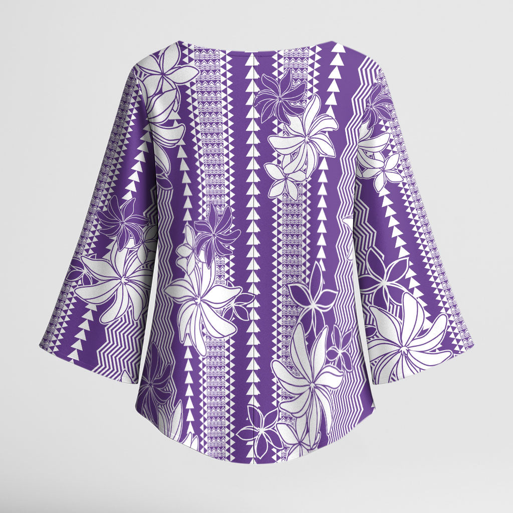 Hawaii Kakau Tribal Kimono Sleeve Blouse With Purple Tiare LT05 - Polynesian Pride