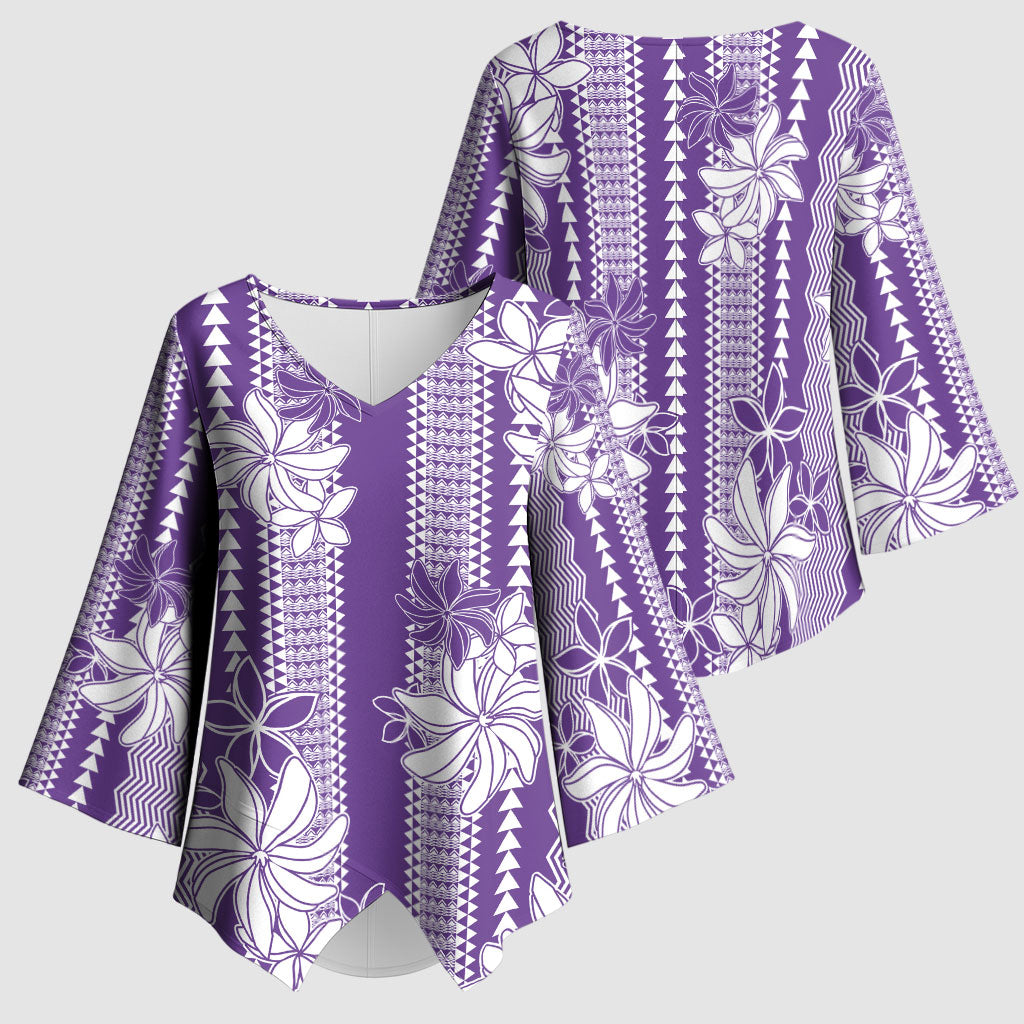 Hawaii Kakau Tribal Kimono Sleeve Blouse With Purple Tiare LT05 - Polynesian Pride