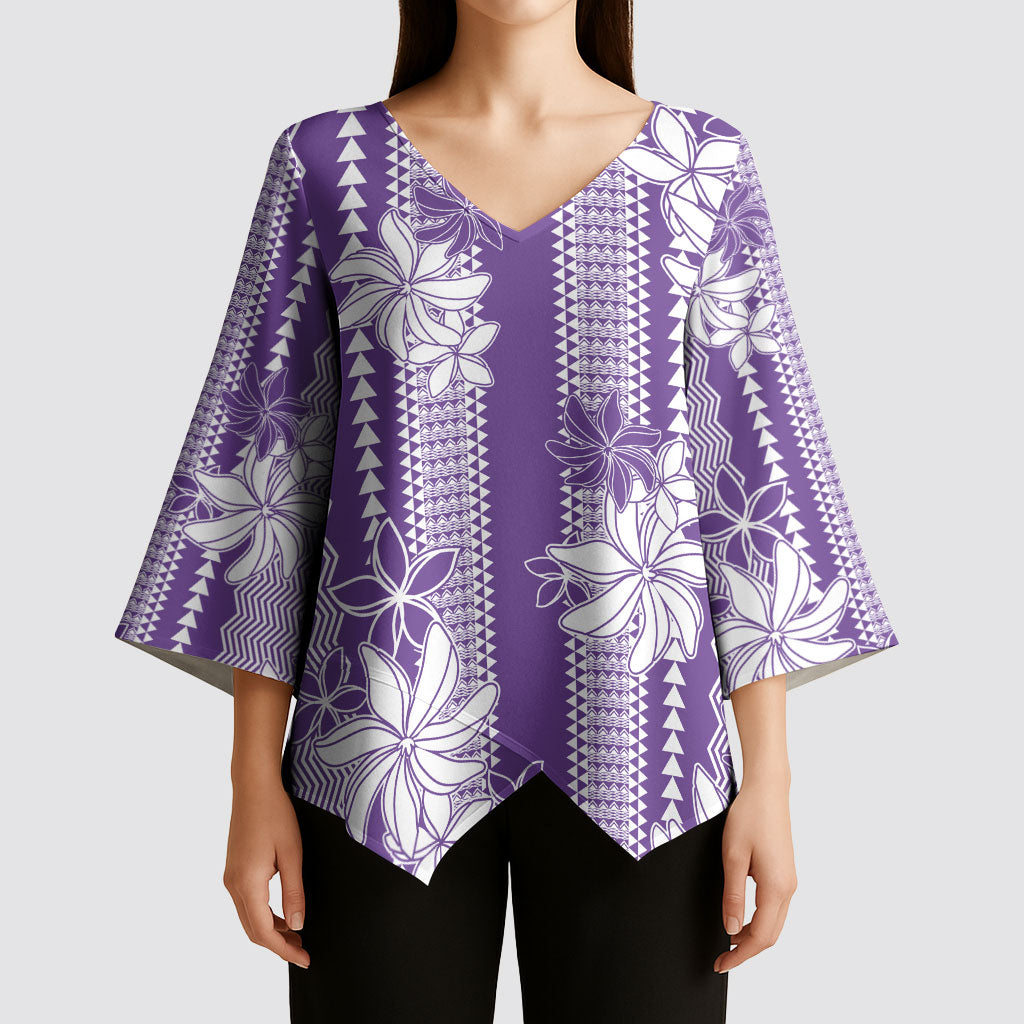 Hawaii Kakau Tribal Kimono Sleeve Blouse With Purple Tiare LT05 - Polynesian Pride