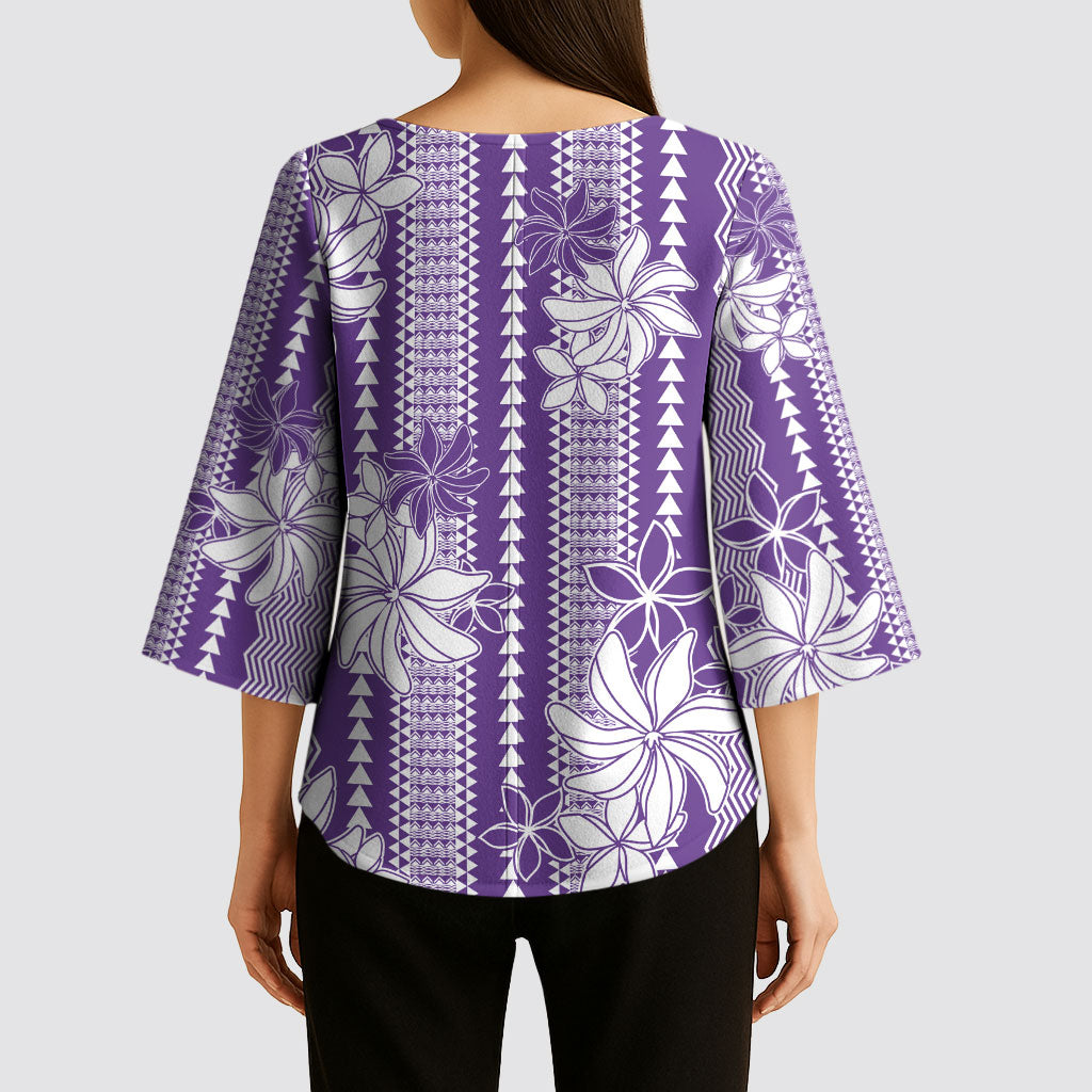 Hawaii Kakau Tribal Kimono Sleeve Blouse With Purple Tiare LT05 - Polynesian Pride