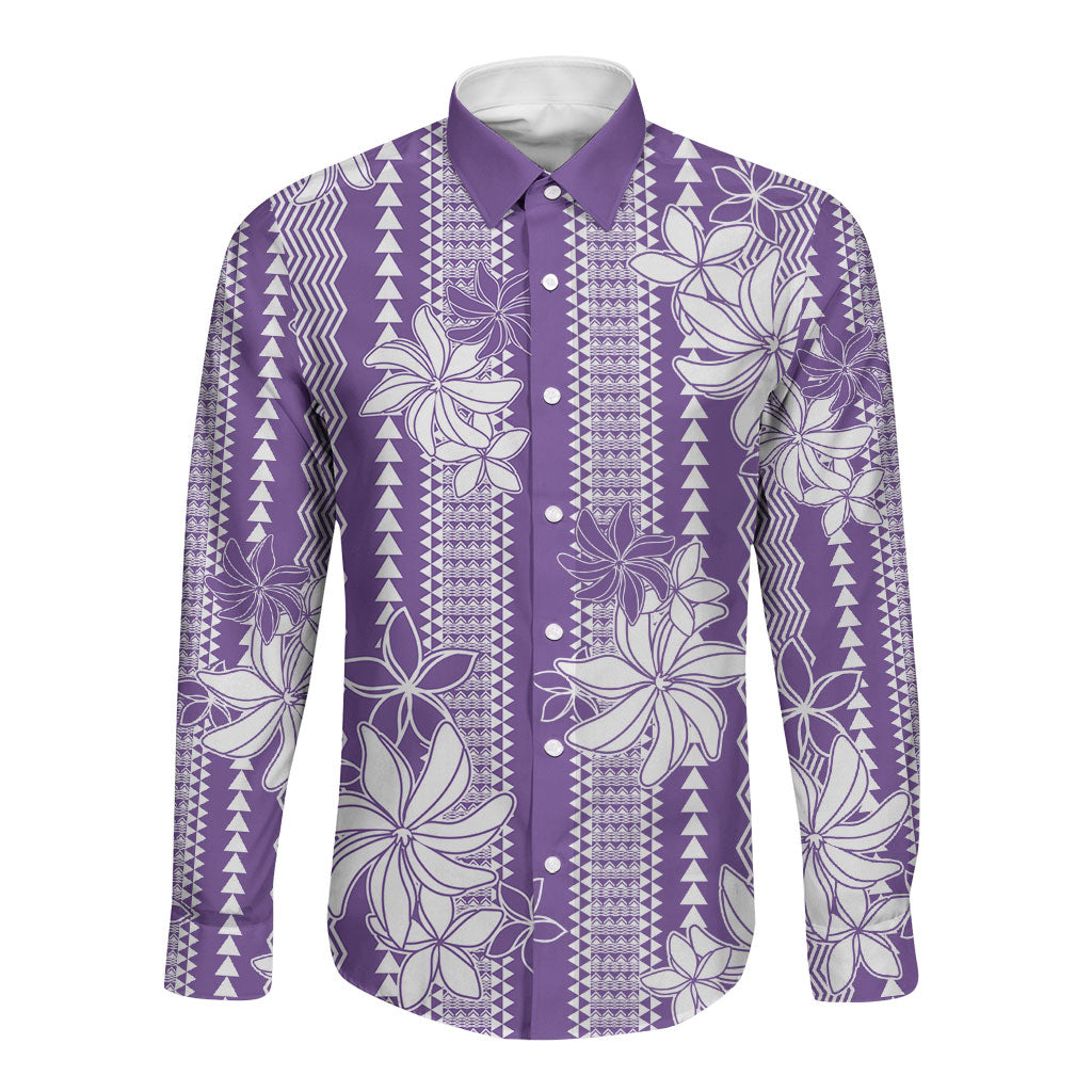 Hawaii Kakau Tribal Long Sleeve Button Shirt With Purple Tiare LT05 Unisex Purple - Polynesian Pride