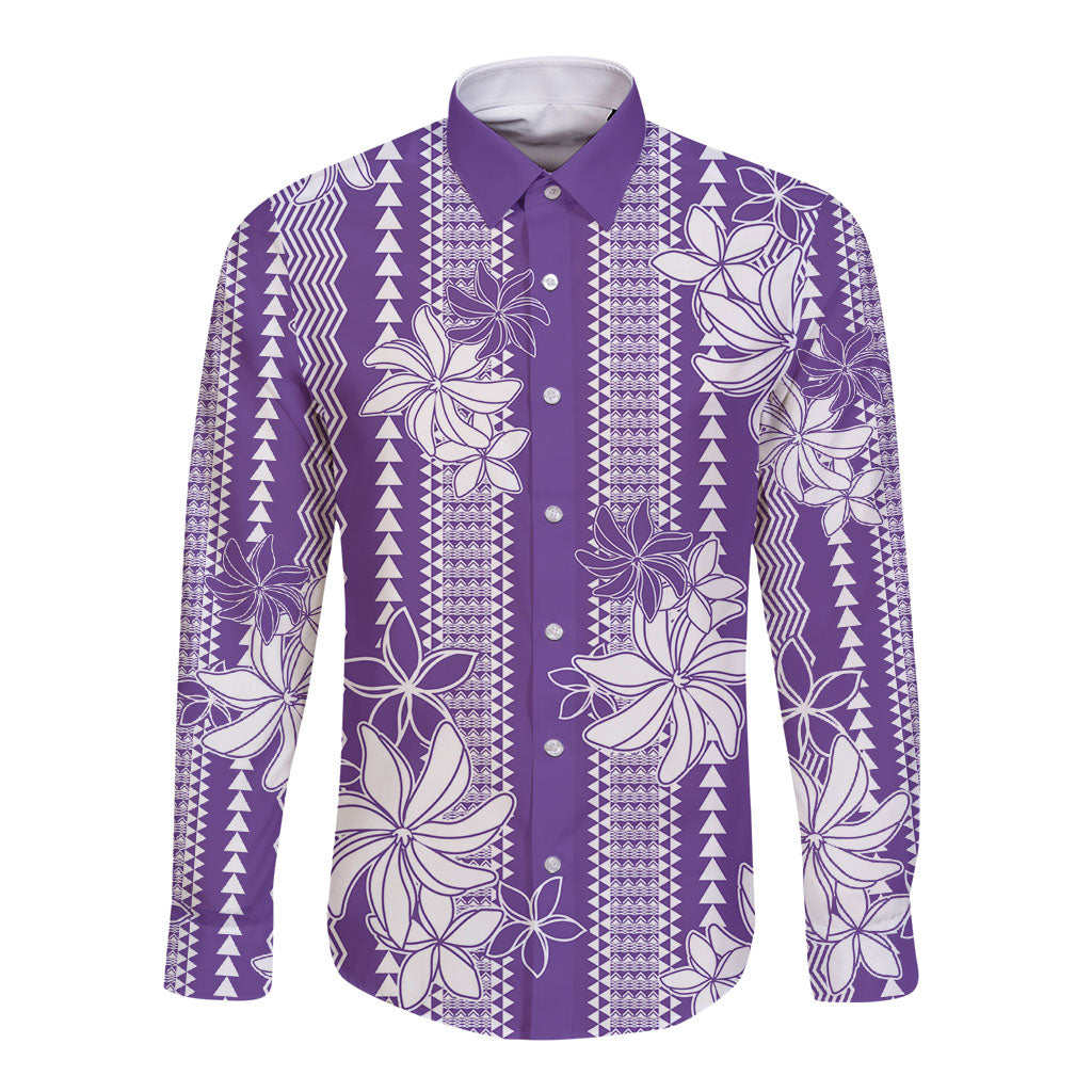 Hawaii Kakau Tribal Long Sleeve Button Shirt With Purple Tiare