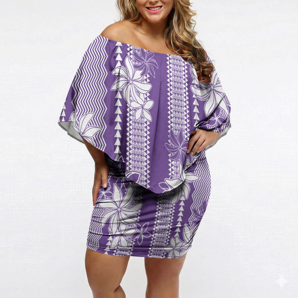 Hawaii Kakau Tribal Off Shoulder Short Dress With Purple Tiare LT05 Women Purple - Polynesian Pride