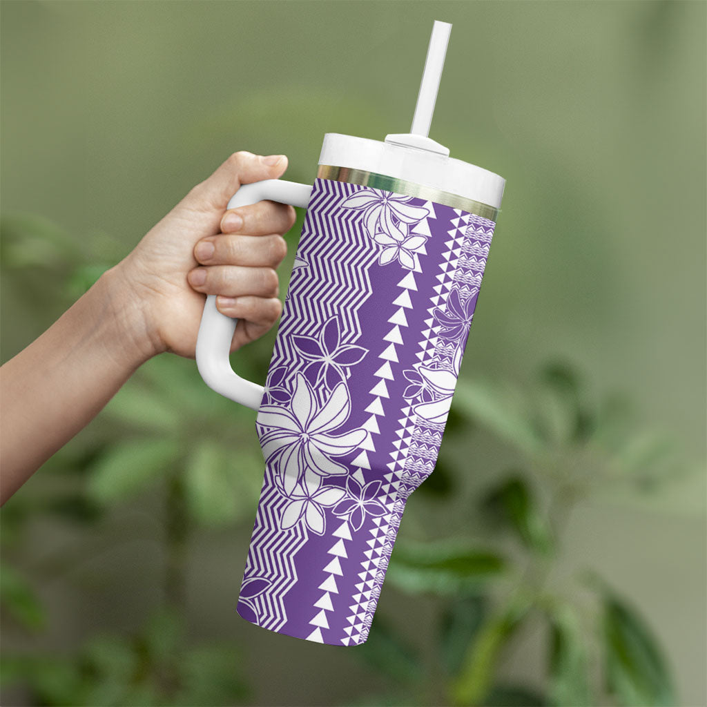 Hawaii Kakau Tribal Tumbler With Handle With Purple Tiare LT05 - Polynesian Pride