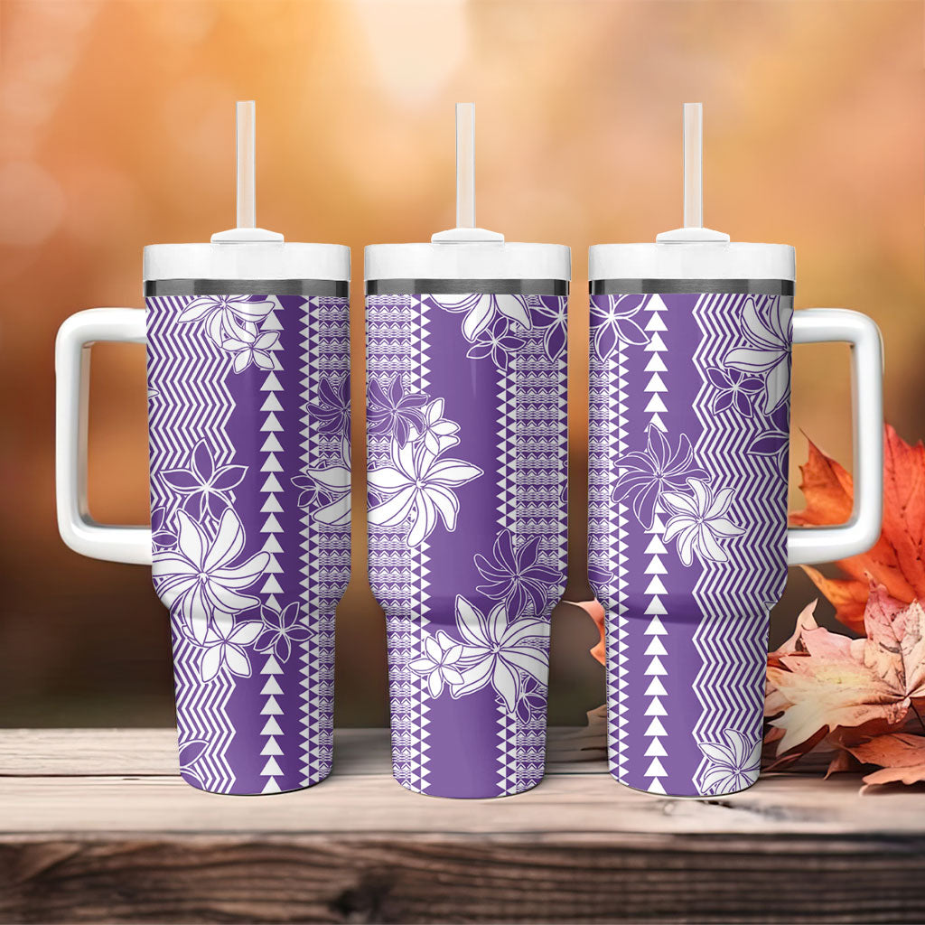 Hawaii Kakau Tribal Tumbler With Handle With Purple Tiare LT05 - Polynesian Pride
