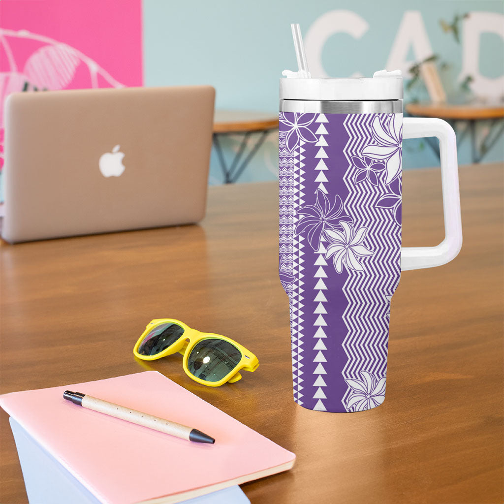 Hawaii Kakau Tribal Tumbler With Handle With Purple Tiare LT05 - Polynesian Pride