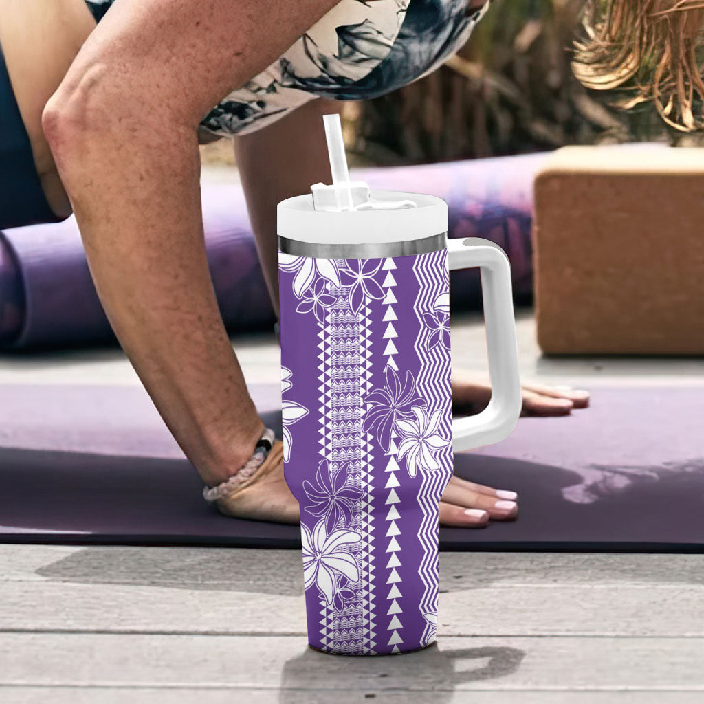 Hawaii Kakau Tribal Tumbler With Handle With Purple Tiare LT05 - Polynesian Pride