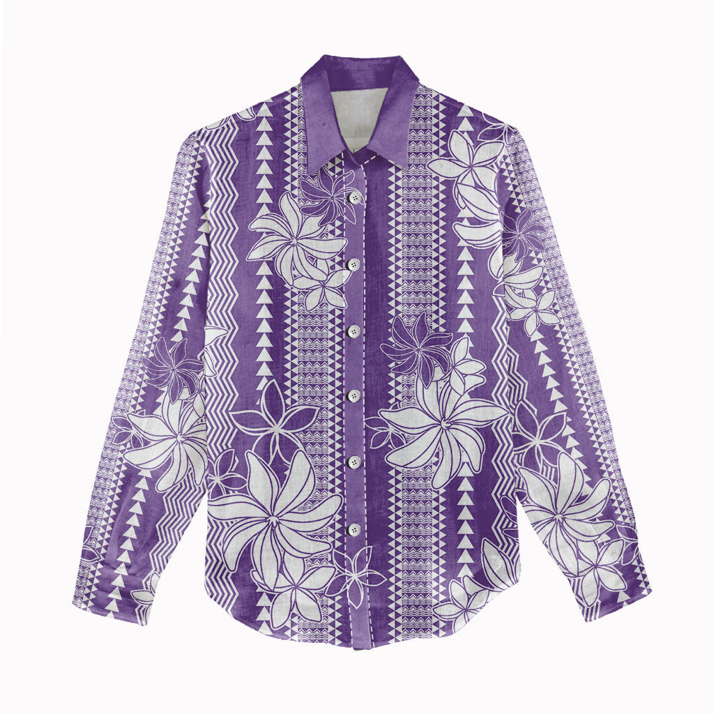 Hawaii Kakau Tribal Women Casual Shirt With Purple Tiare