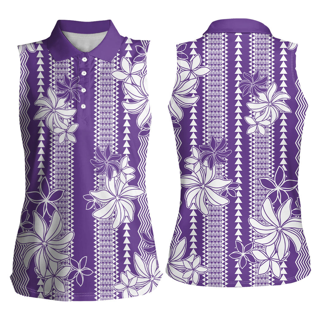 Hawaii Kakau Tribal Women Sleeveless Polo Shirt With Purple Tiare