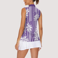 Hawaii Kakau Tribal Women Sleeveless Polo Shirt With Purple Tiare