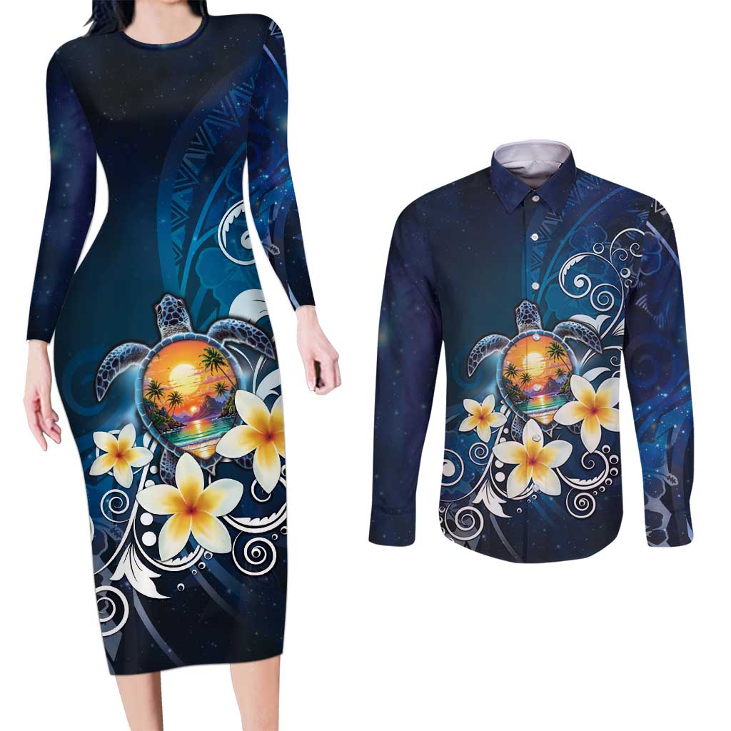 Hawaii Honu Couples Matching Long Sleeve Bodycon Dress and Long Sleeve Button Shirt Polynesian Curves Plumeria - Polynesian Pride