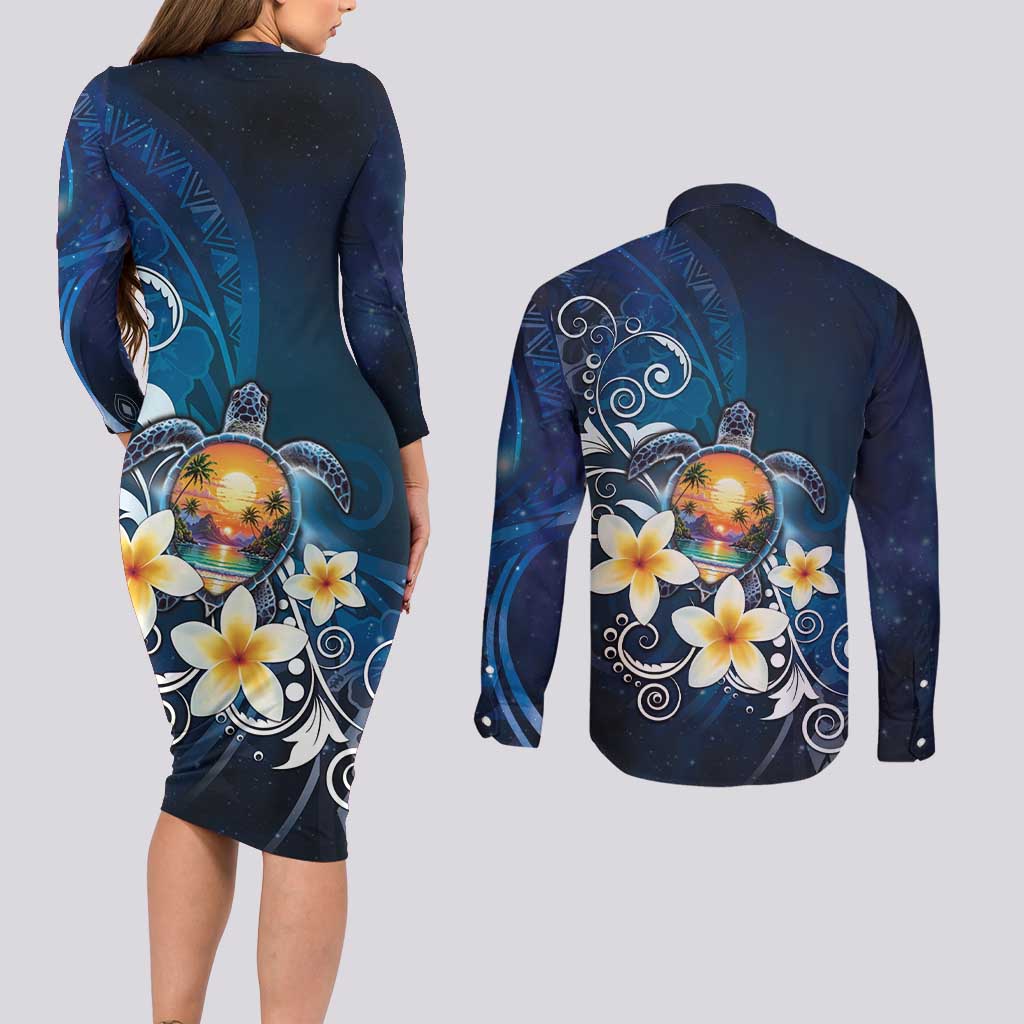 Hawaii Honu Couples Matching Long Sleeve Bodycon Dress and Long Sleeve Button Shirt Polynesian Curves Plumeria - Polynesian Pride