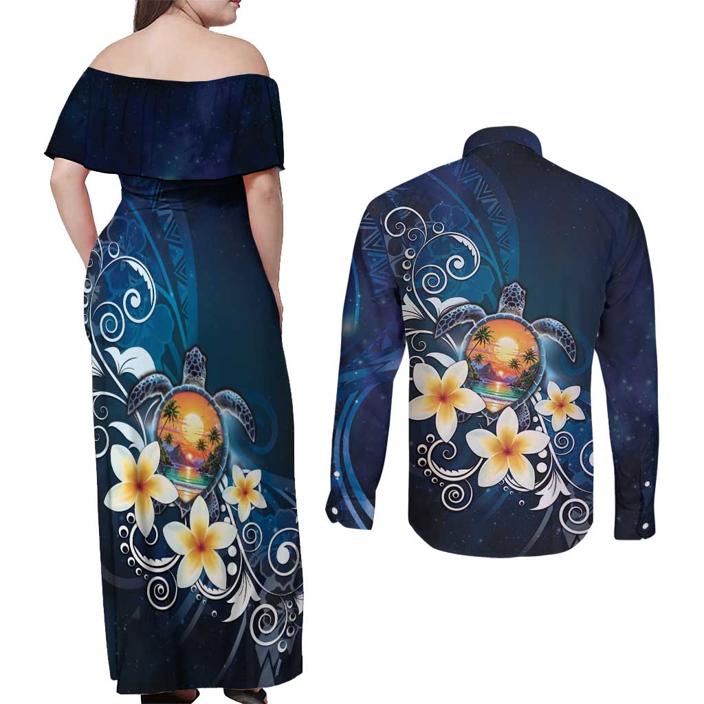 Hawaii Honu Couples Matching Off Shoulder Maxi Dress and Long Sleeve Button Shirt Polynesian Curves Plumeria - Polynesian Pride