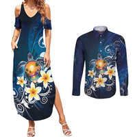 Hawaii Honu Couples Matching Summer Maxi Dress and Long Sleeve Button Shirt Polynesian Curves Plumeria - Polynesian Pride