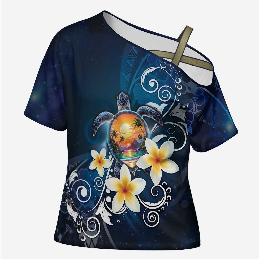 Hawaii Honu Cross Shoulder Shirt Polynesian Curves Plumeria - Polynesian Pride