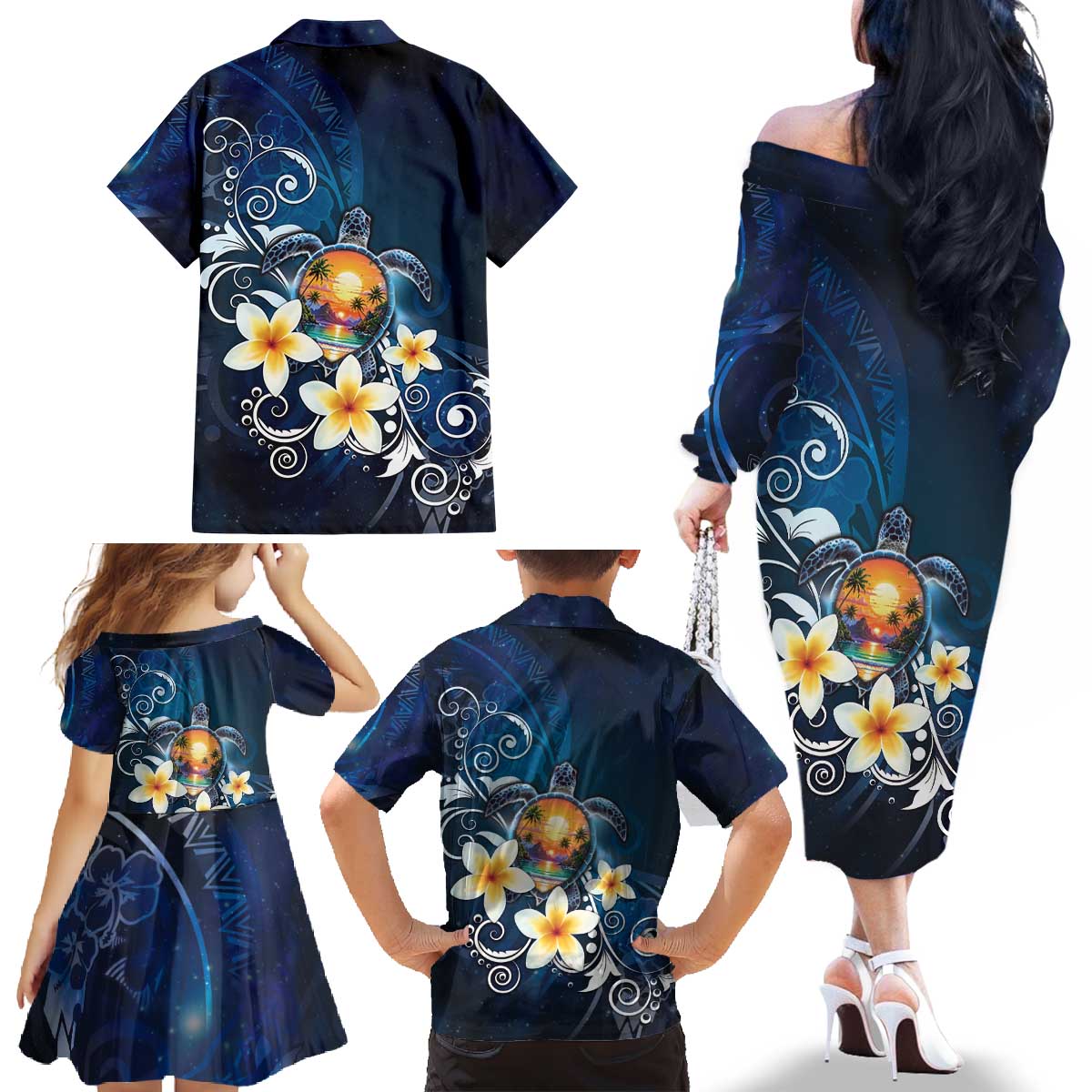 Hawaii Honu Family Matching Off The Shoulder Long Sleeve Dress and Hawaiian Shirt Polynesian Curves Plumeria - Polynesian Pride