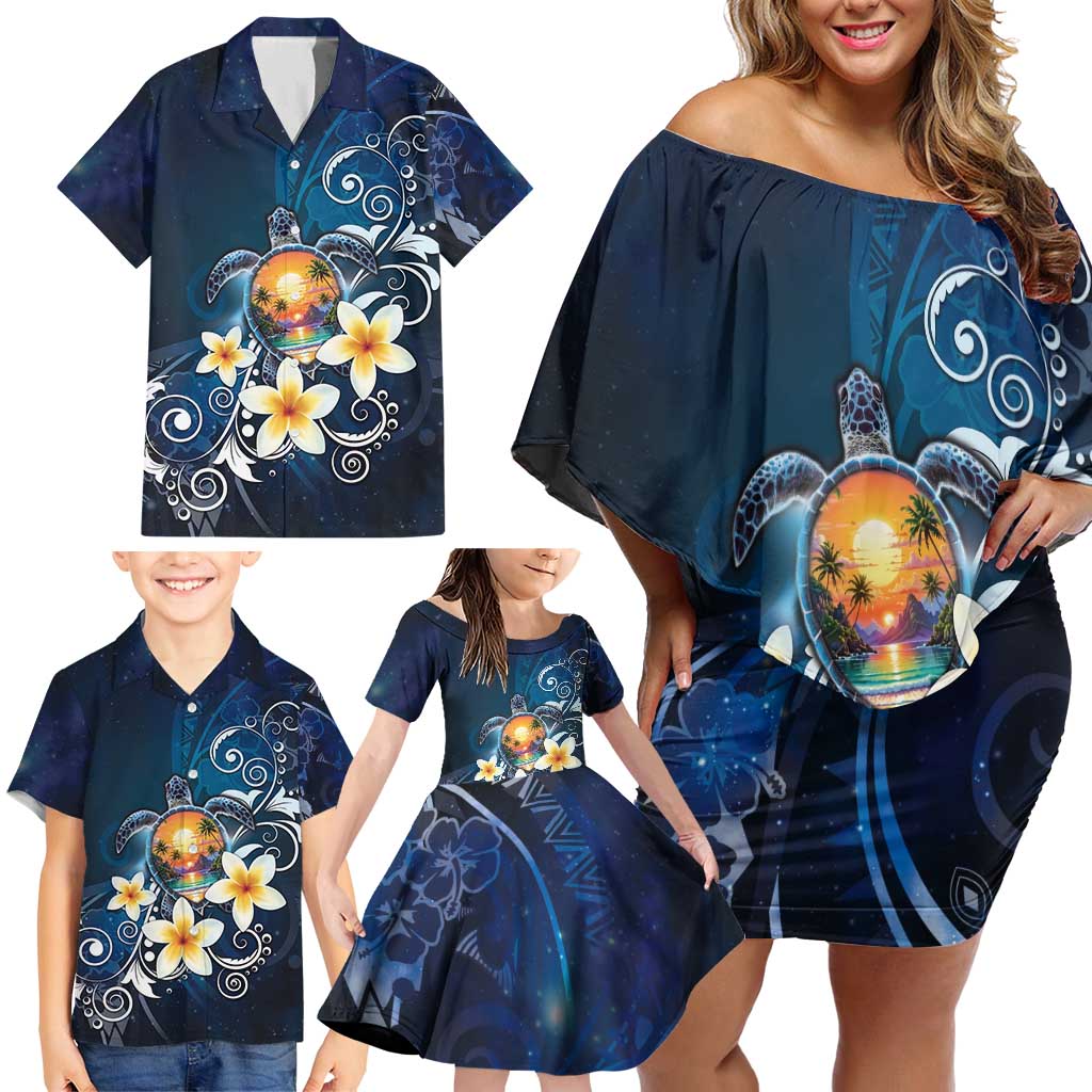 Hawaii Honu Family Matching Off Shoulder Short Dress and Hawaiian Shirt Polynesian Curves Plumeria - Polynesian Pride