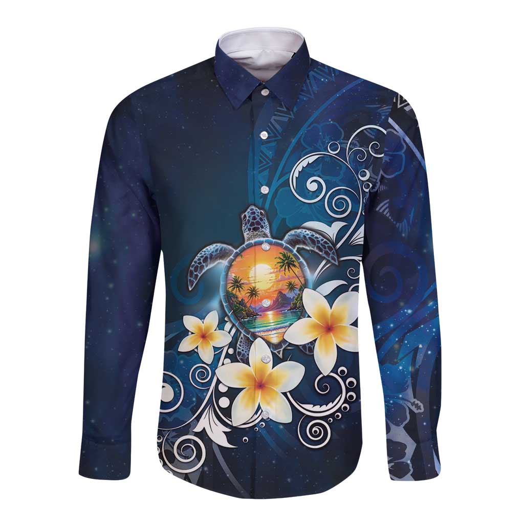 Hawaii Honu Long Sleeve Button Shirt Polynesian Curves Plumeria - Polynesian Pride
