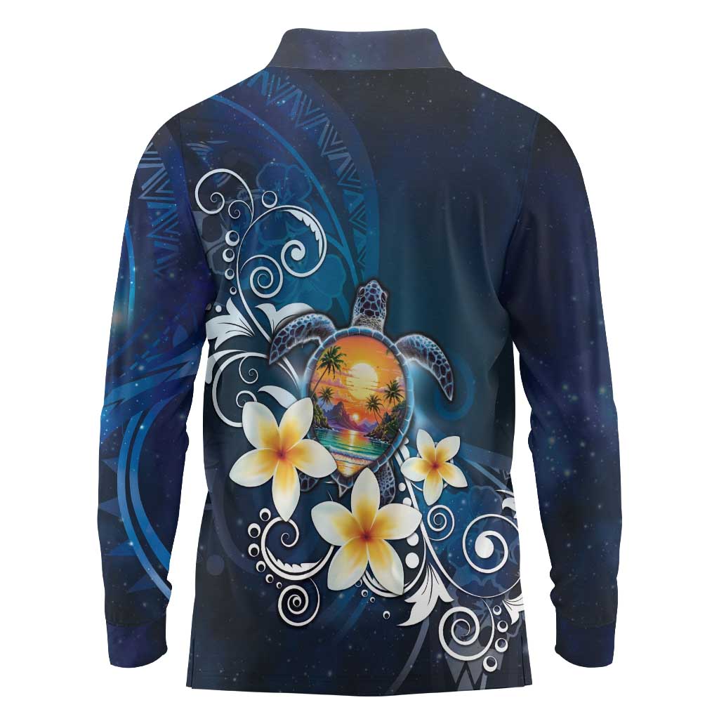 Hawaii Honu Long Sleeve Polo Shirt Polynesian Curves Plumeria - Polynesian Pride
