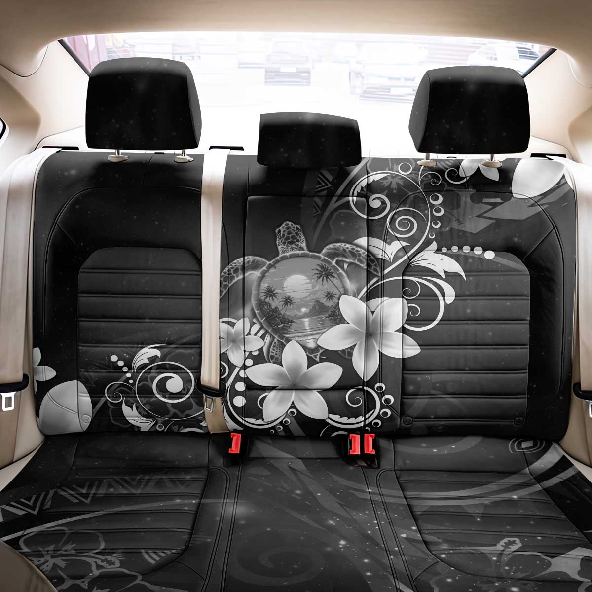 Hawaii Honu Back Car Seat Cover Polynesian Curves Plumeria Grayscale - Polynesian Pride