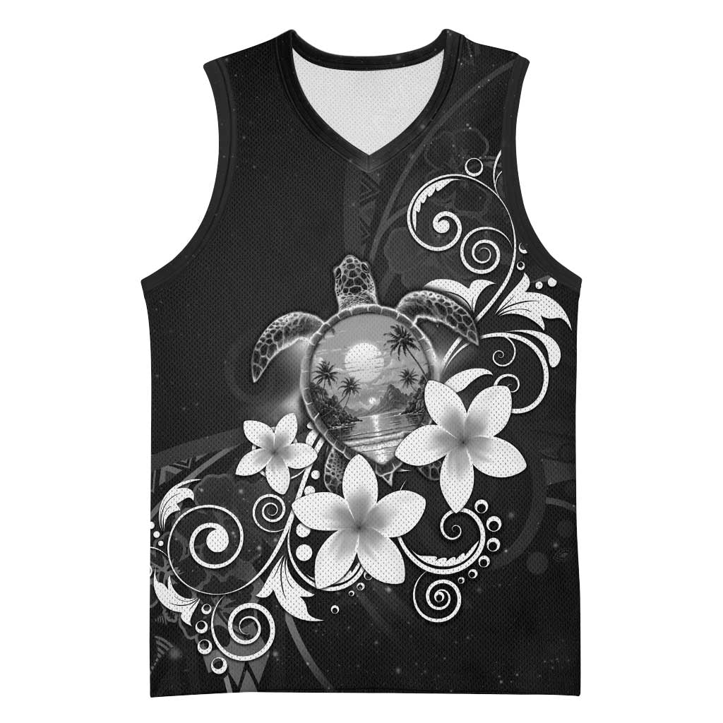 Hawaii Honu Basketball Jersey Polynesian Curves Plumeria Grayscale - Polynesian Pride