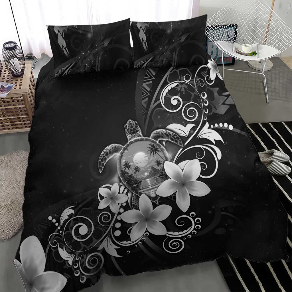 Hawaii Honu Bedding Set Polynesian Curves Plumeria Grayscale - Polynesian Pride