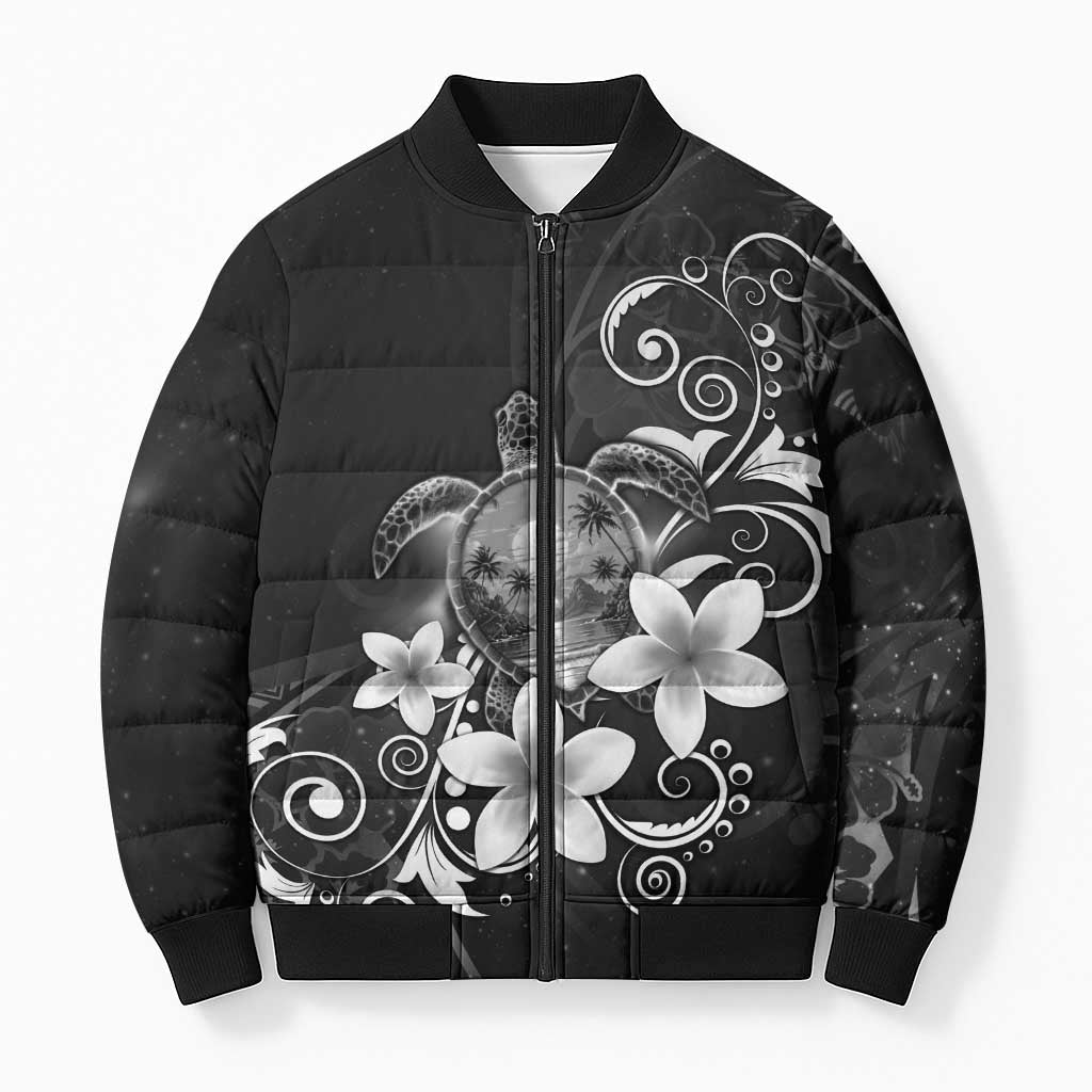 Hawaii Honu Bomber Puffer Jacket Polynesian Curves Plumeria Grayscale - Polynesian Pride