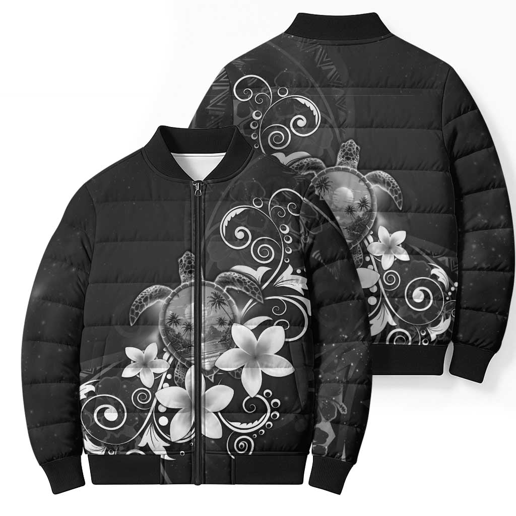 Hawaii Honu Bomber Puffer Jacket Polynesian Curves Plumeria Grayscale - Polynesian Pride