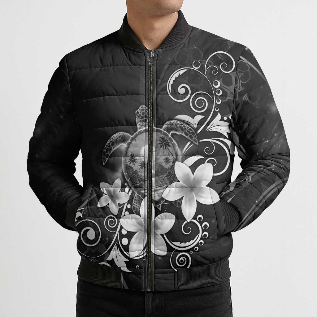 Hawaii Honu Bomber Puffer Jacket Polynesian Curves Plumeria Grayscale - Polynesian Pride