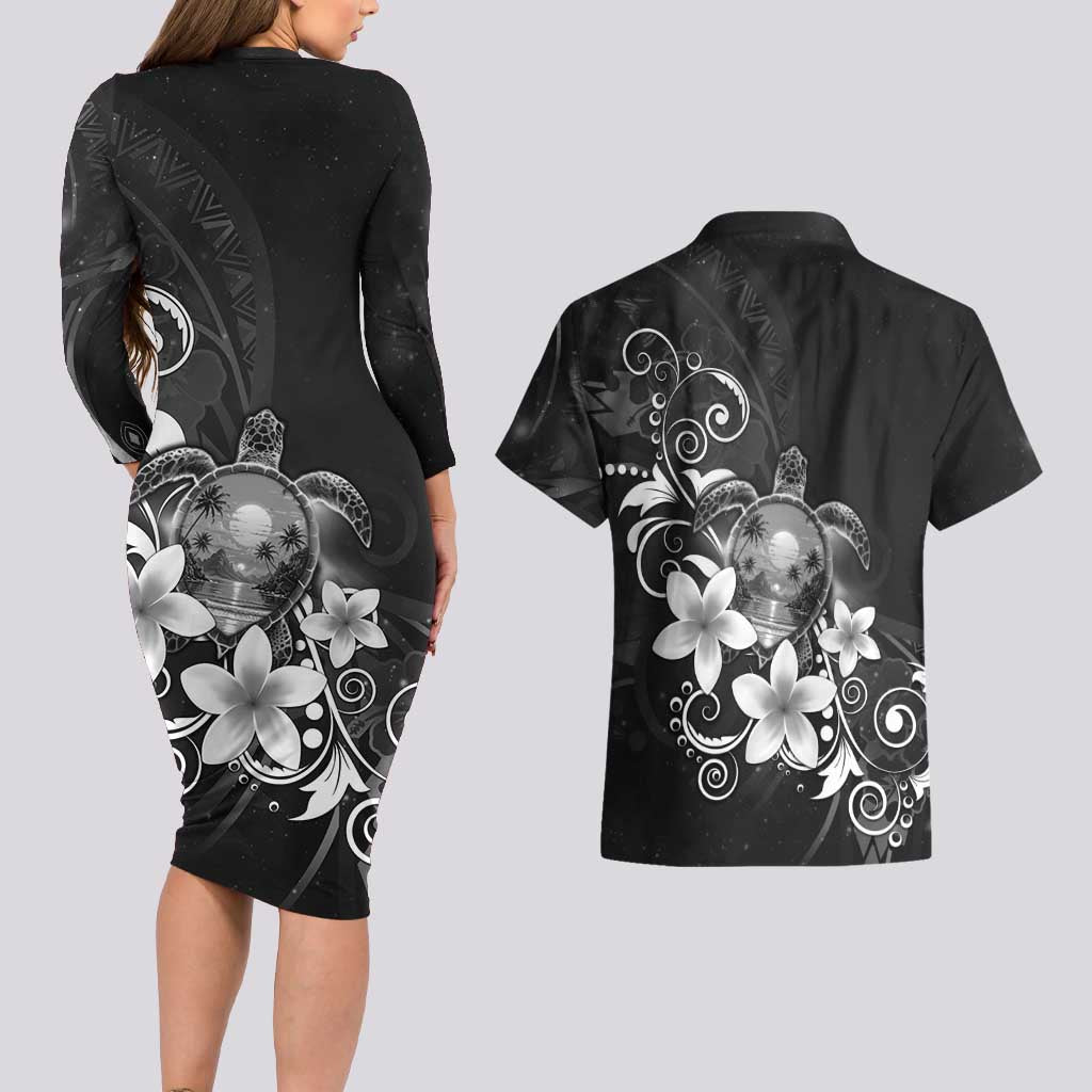 Hawaii Honu Couples Matching Long Sleeve Bodycon Dress and Hawaiian Shirt Polynesian Curves Plumeria Grayscale - Polynesian Pride