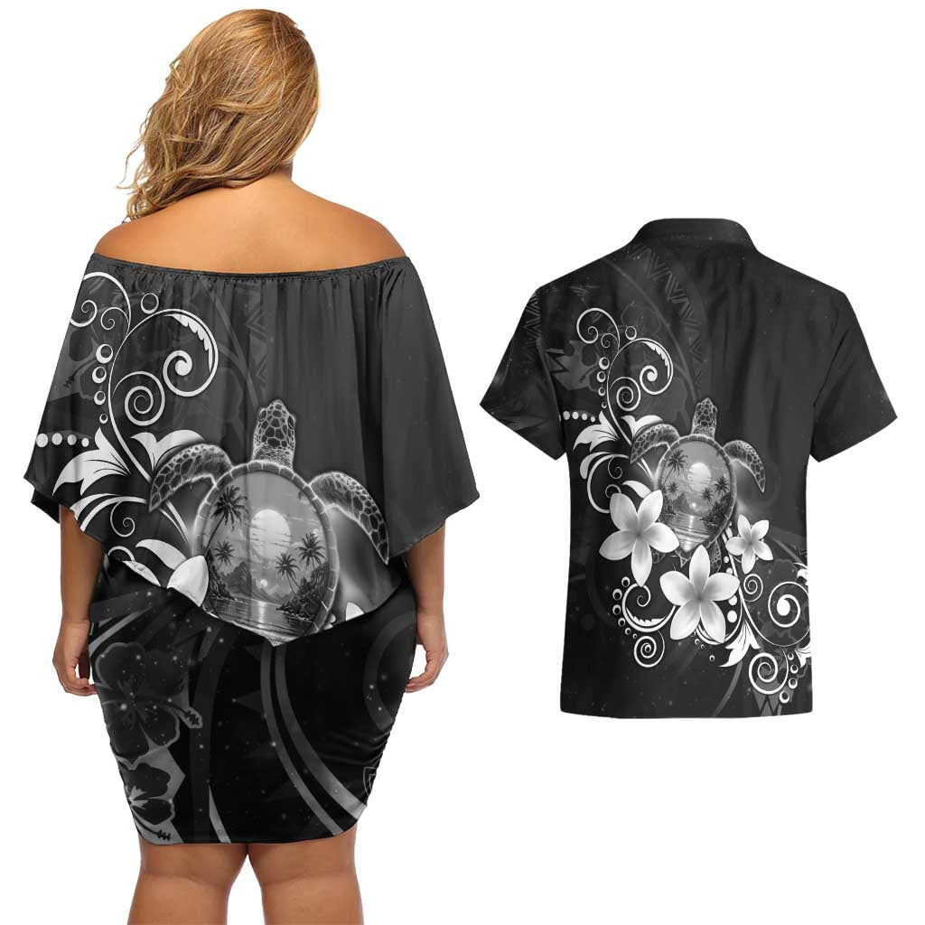 Hawaii Honu Couples Matching Off Shoulder Short Dress and Hawaiian Shirt Polynesian Curves Plumeria Grayscale - Polynesian Pride