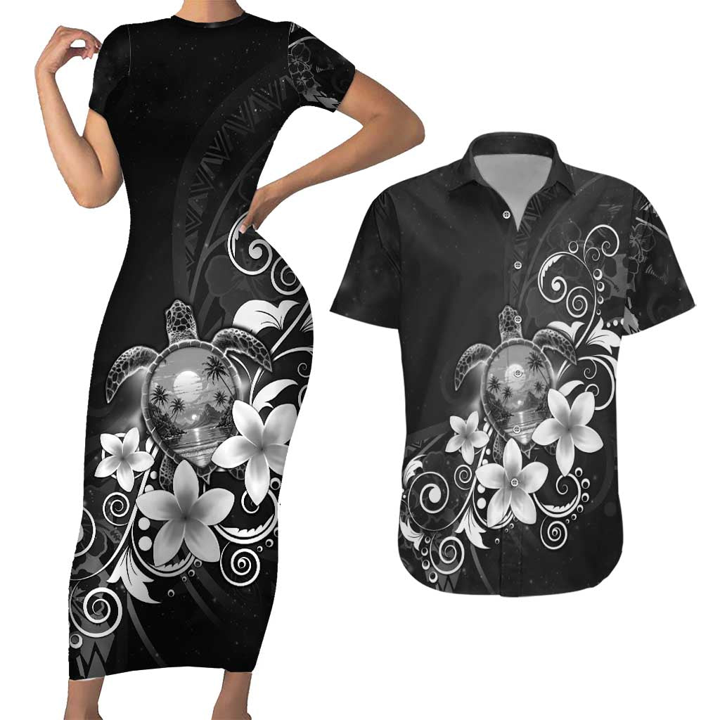 Hawaii Honu Couples Matching Short Sleeve Bodycon Dress and Hawaiian Shirt Polynesian Curves Plumeria Grayscale - Polynesian Pride