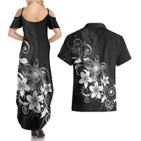 Hawaii Honu Couples Matching Summer Maxi Dress and Hawaiian Shirt Polynesian Curves Plumeria Grayscale - Polynesian Pride