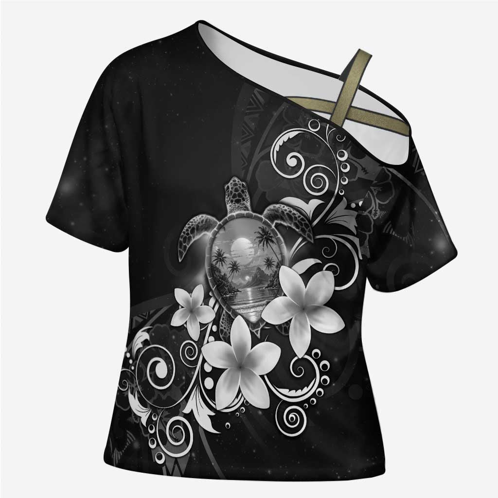 Hawaii Honu Cross Shoulder Shirt Polynesian Curves Plumeria Grayscale - Polynesian Pride