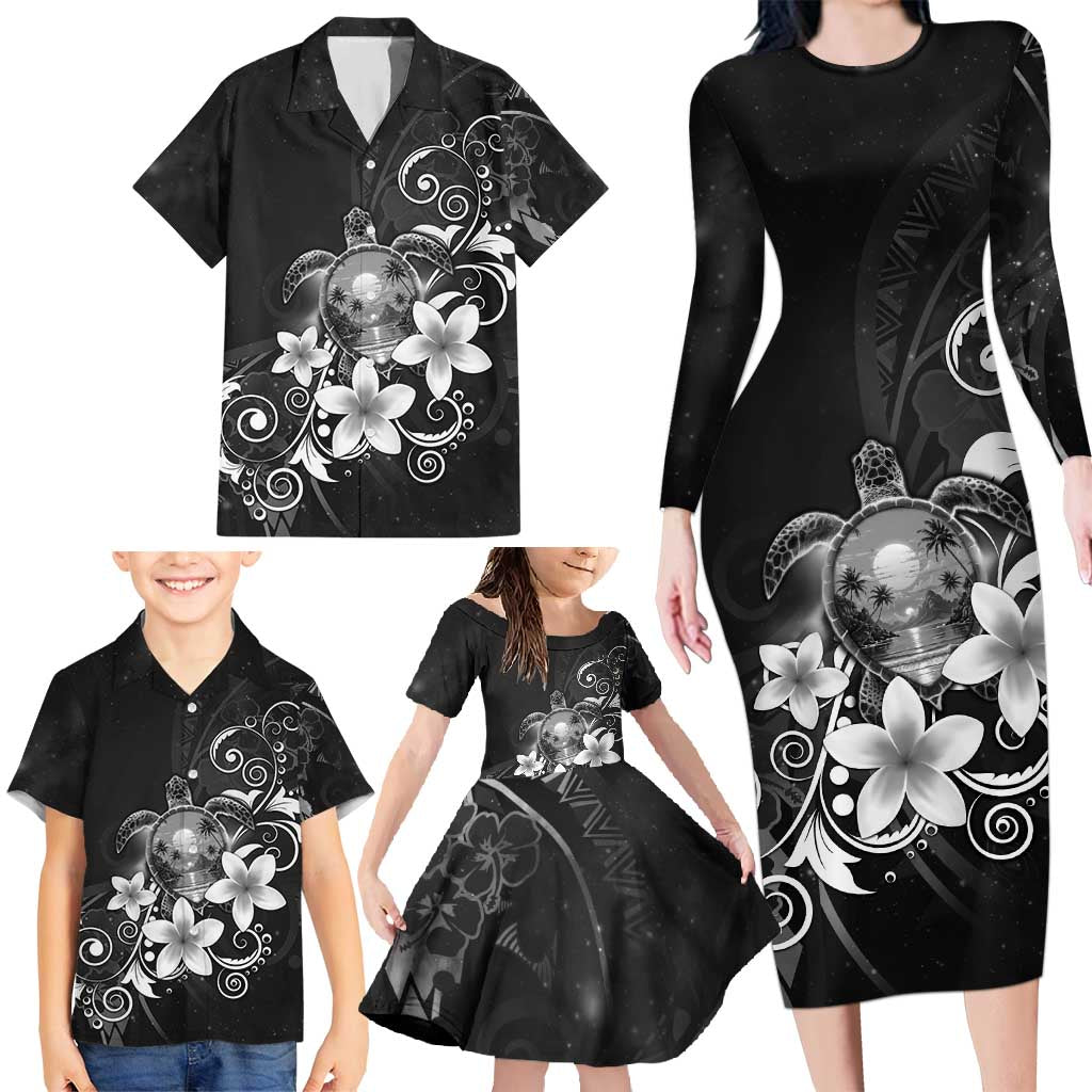 Hawaii Honu Family Matching Long Sleeve Bodycon Dress and Hawaiian Shirt Polynesian Curves Plumeria Grayscale - Polynesian Pride